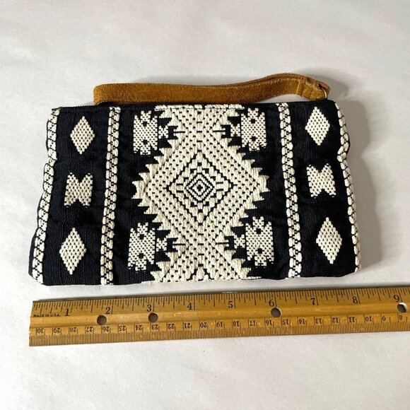 KATYDID Boho Wristlet Clutch Black, White & Gold Geometric Pattern Leather Strap - Picture 5 of 6